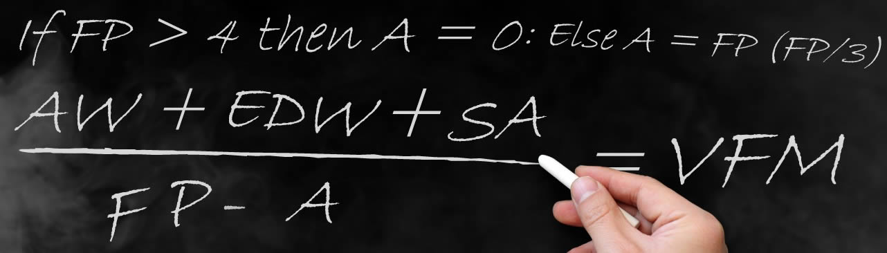 The formula = AW + EDW + SA over FP - (FP/3) equals Value for Money